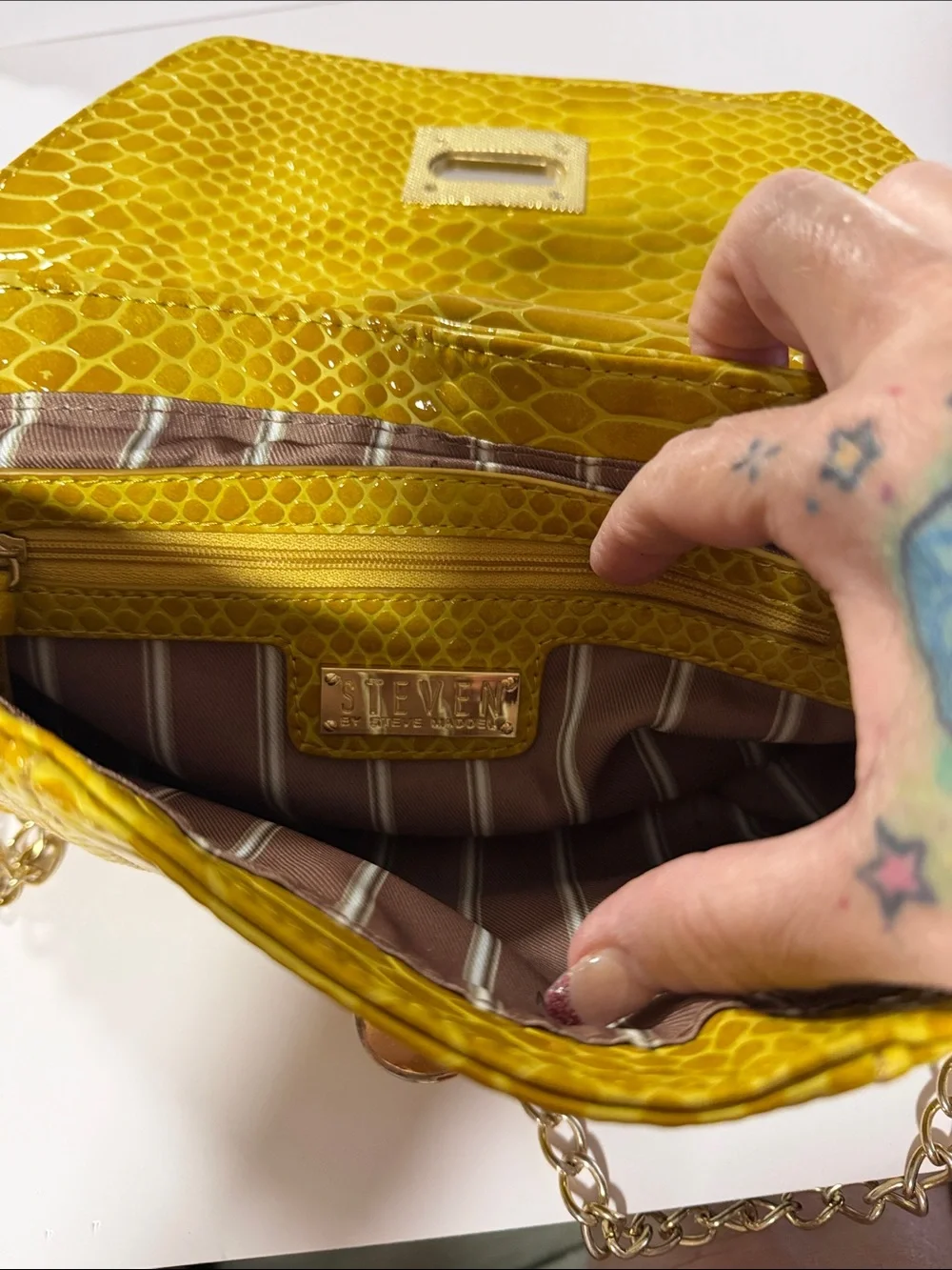 Steve Madden Yellow Patent Snake-Embossed Chain Crossbody